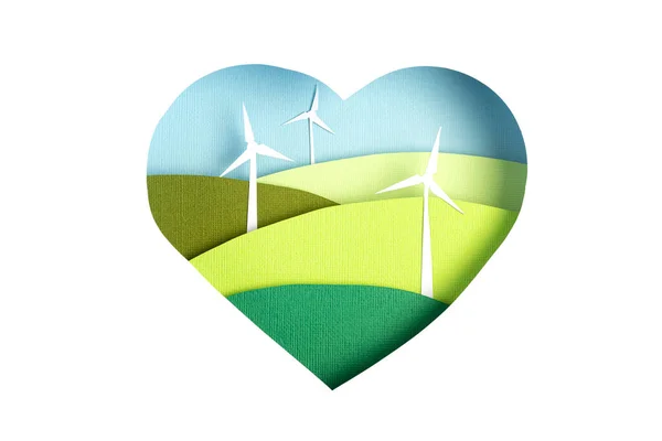 Energía Ecológica Alternativa Verde Molino Viento Turbinas Paisajes Papel Corazón —  Fotos de Stock