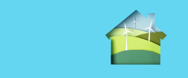 Groene Alternatieve Milieuvriendelijke Energie Windmolen Turbines Landschappen Papier Gesneden Huis — Stockfoto