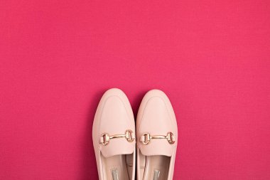 Pastel arka planda pembe kadın ayakkabıları. Moda blogu, filizlenme ve yaz kenti tarzı, online alışveriş. En düşük düzlük, en üst görünüm, boşluk kopyala