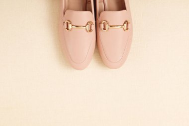 Pastel arka planda pembe kadın ayakkabıları. Moda blogu, filizlenme ve yaz kenti tarzı, online alışveriş. En düşük düzlük, en üst görünüm, boşluk kopyala