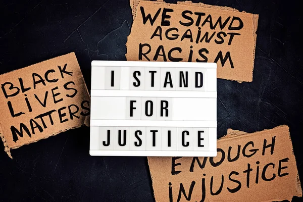 Stand Justice Text Light Box Other Racism Slogans Dark Background — Stock Photo, Image