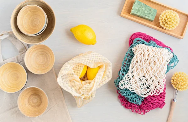 Zero Waste Kit Set Eco Friendly Bamboo Cutlery Mesh Cotton — Stock Photo, Image