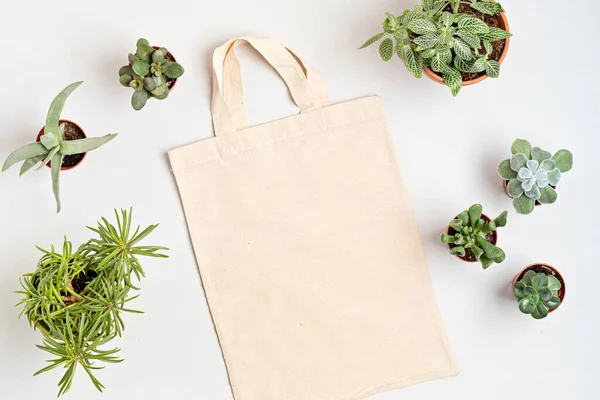 Cotton tote bag mockup. Zero waste living, sustainability, eco friendly lifestyle. Top view, flat lay
