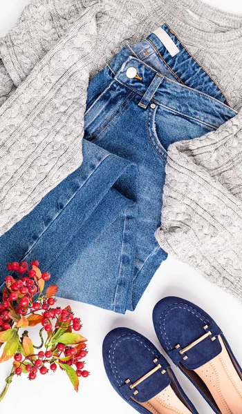 Soğuk hava için rahat ve sıcak kıyafetlerle yatıyordu. Rahat bir sonbahar, kışlık kıyafet alışverişi, satış, moda renk konsepti.