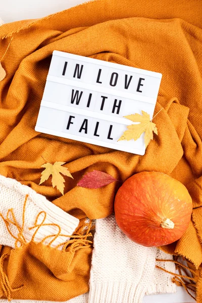 Autumn Flat Lay Komposition Mit Leuchtkasten Mit Der Phrase Love — Stockfoto