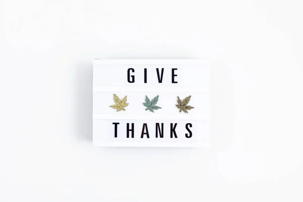 Thanksgiving Flat Lay Composition Lightbox Phrase Give Thanks Autumn Holidays — Stock Photo, Image