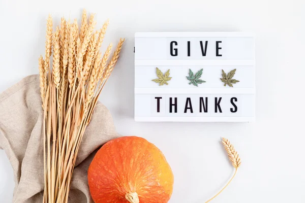 Thanksgiving Platt Låg Sammansättning Lightbox Med Frasen Tack Höstlovet Höstkonceptet — Stockfoto