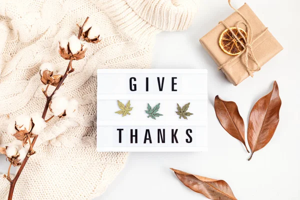 Thanksgiving Platte Lay Compositie Lightbox Met Zin Dankjewel Herfstvakantie Herfstconcept — Stockfoto