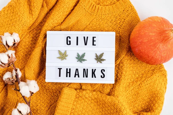 Thanksgiving Flat Lay Composition Lightbox Phrase Give Thanks Autumn Holidays — Stock Photo, Image