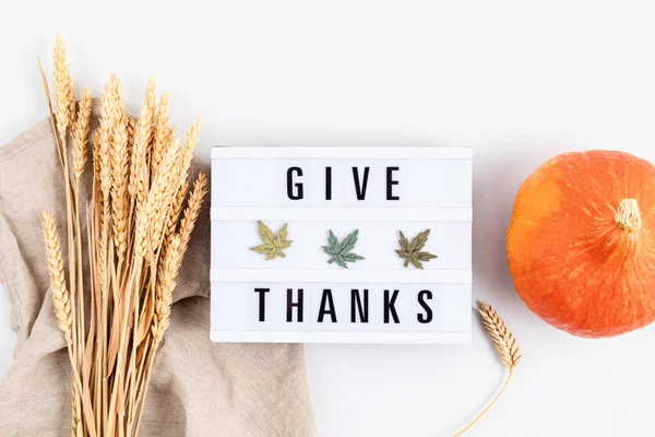 Thanksgiving Platte Lay Compositie Lightbox Met Zin Dankjewel Herfstvakantie Herfstconcept — Stockfoto