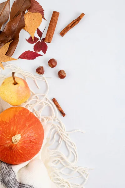 Otoño Plano Composición Laica Calabaza Pera Hojas Secas Nueces Sobre — Foto de Stock