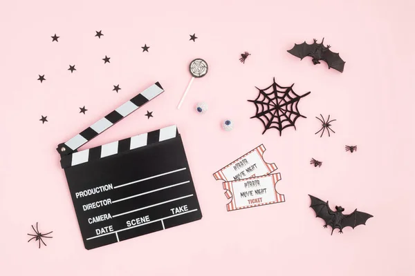 Movie Clapperboard Halloween Decoration Pink Background Horror Movie Night Halloween — Stock Photo, Image