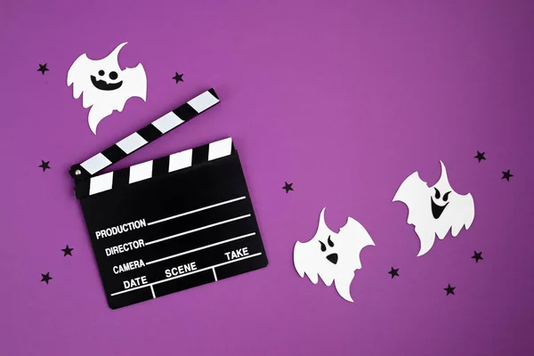 Film Klapbord Halloween Decoratie Horror Filmavond Halloween Feest Uitnodiging Bovenaanzicht — Stockfoto