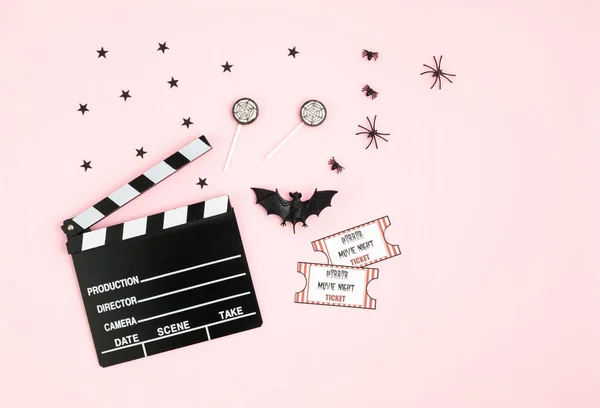 Movie Clapperboard Halloween Decoration Pink Background Horror Movie Night Halloween — Stock Photo, Image
