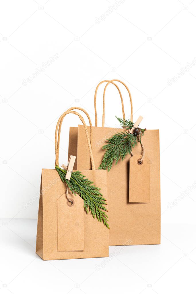 Mockup with craft paper bag. Template for small business branding, gifts, presents. Copy space
