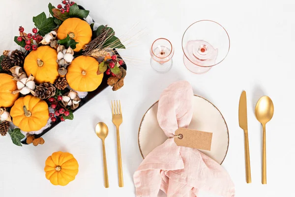 Sjabloon Van Thanksgivinig Tafel Decoratie Met Mock Van Gast Tag — Stockfoto