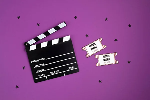 Movie Clapperboard Cinema Tickets Home Movie Night Party Invitation Top — Stock Photo, Image