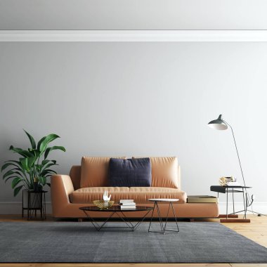 Mobilya ve Dekorasyon ile İç Oturma Odası Duvar Arka Plan Mockup