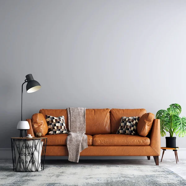Mockup Latar Belakang Dinding Living Room Interior Dengan Furniture Dan — Stok Foto