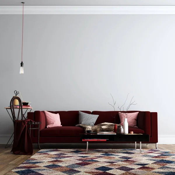 Mobilya ve Dekorasyon ile İç Oturma Odası Duvar Arka Plan Mockup