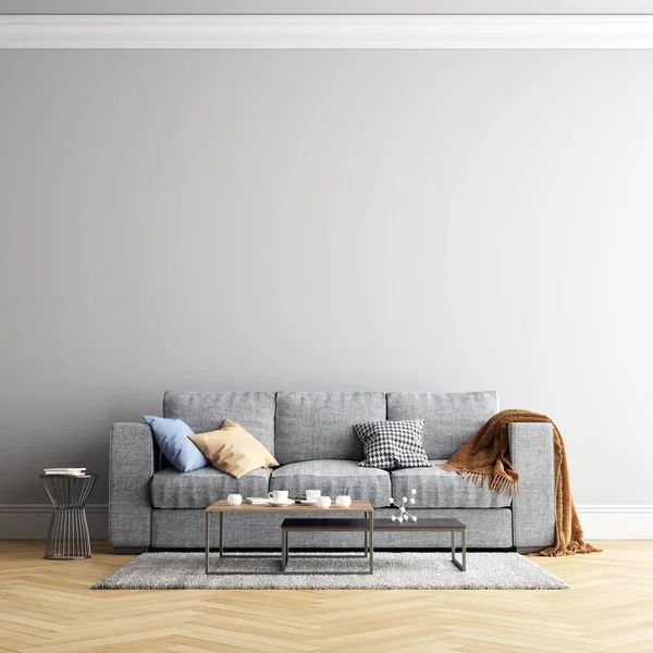 家具や装飾とインテリアリビングルームの壁の背景モックアップ — ストック写真