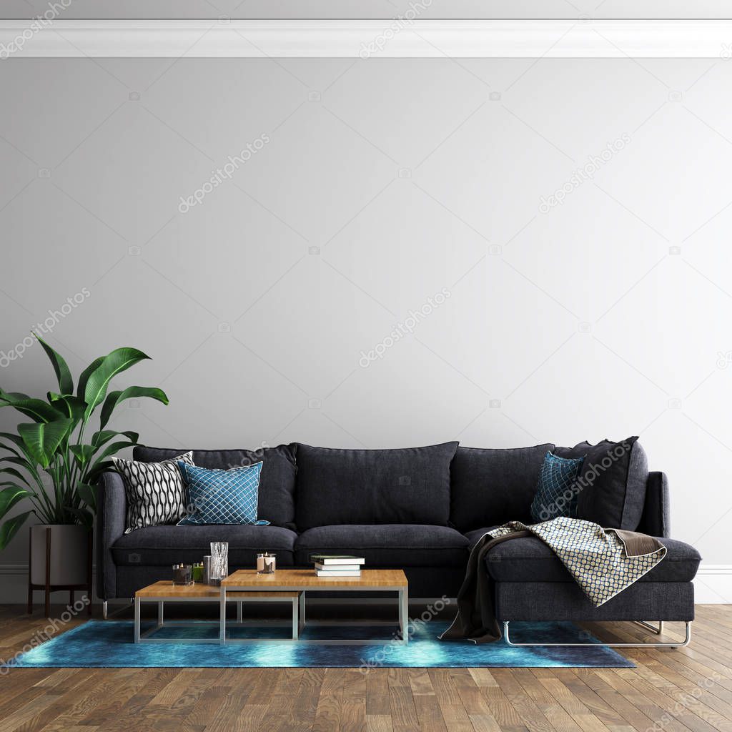 Interior Living Room Wall Background Mockup with Furniture and Decoration