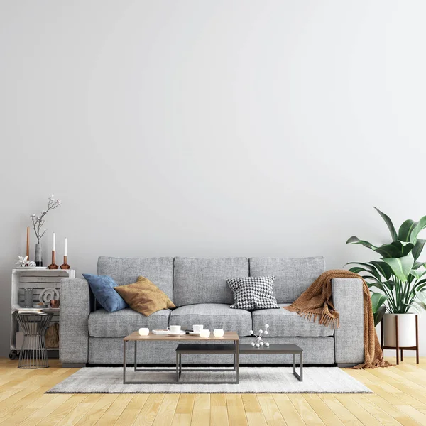 Mockup Latar Belakang Dinding Living Room Interior Dengan Furniture Dan — Stok Foto