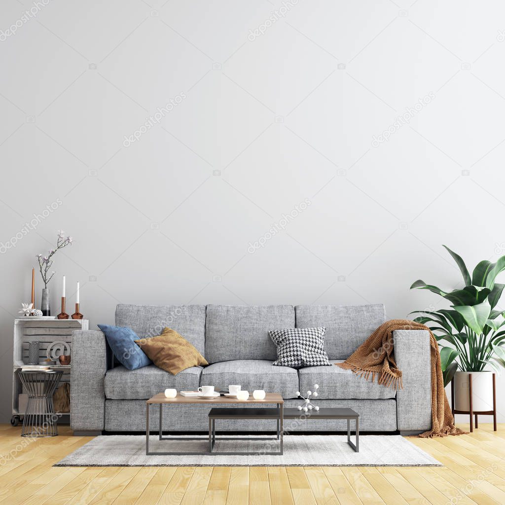Interior Living Room Wall Background Mockup with Furniture and Decoration