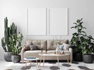 Modern İçişleri Oturma Odası Poster Çerçeve Model - 3d Görüntü, 3d Görüntü