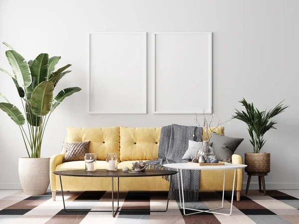 Modern Interior Living Room Poster Frame Mockup Ilustrație Redare — Fotografie, imagine de stoc