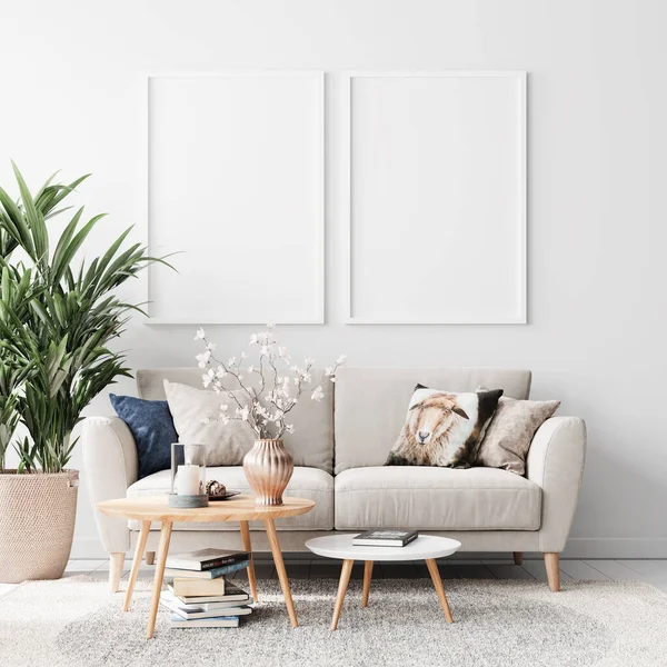 Modern Interior Living Room Poster Frame Mockup Illustration Rendering — Stock Photo, Image