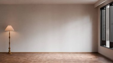 Minimalist boş oda içi klasik ahşap zemin lambası, parke döşemesi ve fotokopi alanı için boş bir duvar..