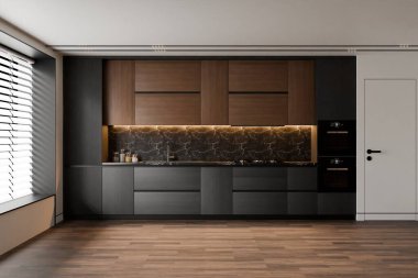 Modern yemek odası, açık mutfak, kırmızımsı turuncu sandalyeler ve koyu renkli mermer kaplama. 3 Boyutlu Hazırlama.