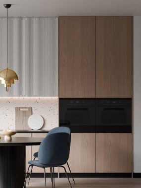 Modern Mutfak İskandinav Mobilyaları, Mavi Yemek Salonları, Terrazzo Backsplash, ve Kolye Işık 3D