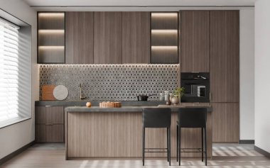 Modern minimalist açık mutfak ahşap dolap, altıgen döşeme, ve zarif mutfak adası 3D