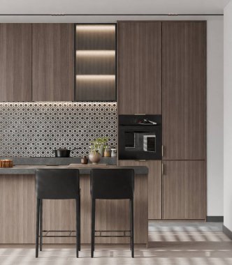 Modern minimalist açık mutfak ahşap dolap, altıgen döşeme, ve zarif mutfak adası 3D