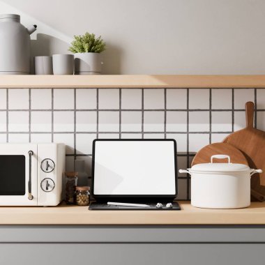 Beyaz duvarı ve ahşap zemini olan modern mutfağın içi, 3 boyutlu.