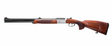 Beyaz arka planda izole edilmiş klasik çift namlulu düz namlulu av tüfeği. 