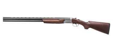 Beyaz arka planda izole edilmiş klasik çift namlulu düz namlulu av tüfeği. 