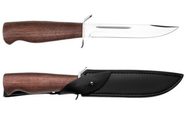 Av bıçağı ile ahşap sapı ve beyaz arka plan üzerinde izole deri çanta