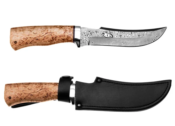 Охотничий Нож Деревянной Ручкой Кожаный Чехол Белом Фоне — стоковое фото