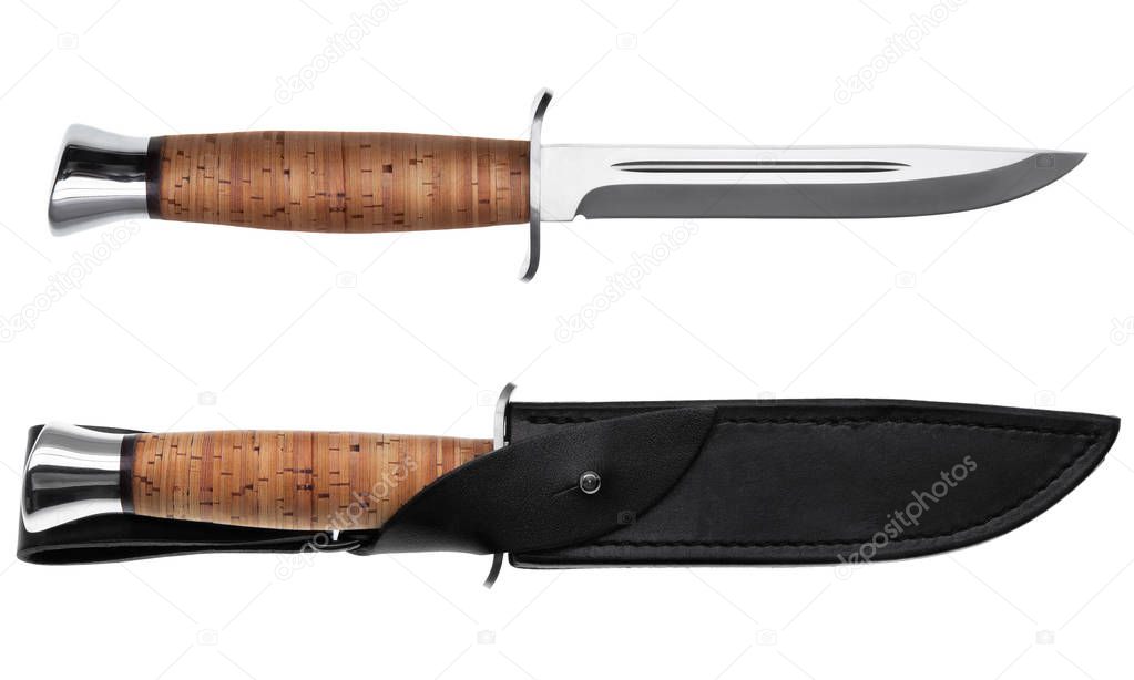 Hunting knife with wooden handle and leather case isolated on white background