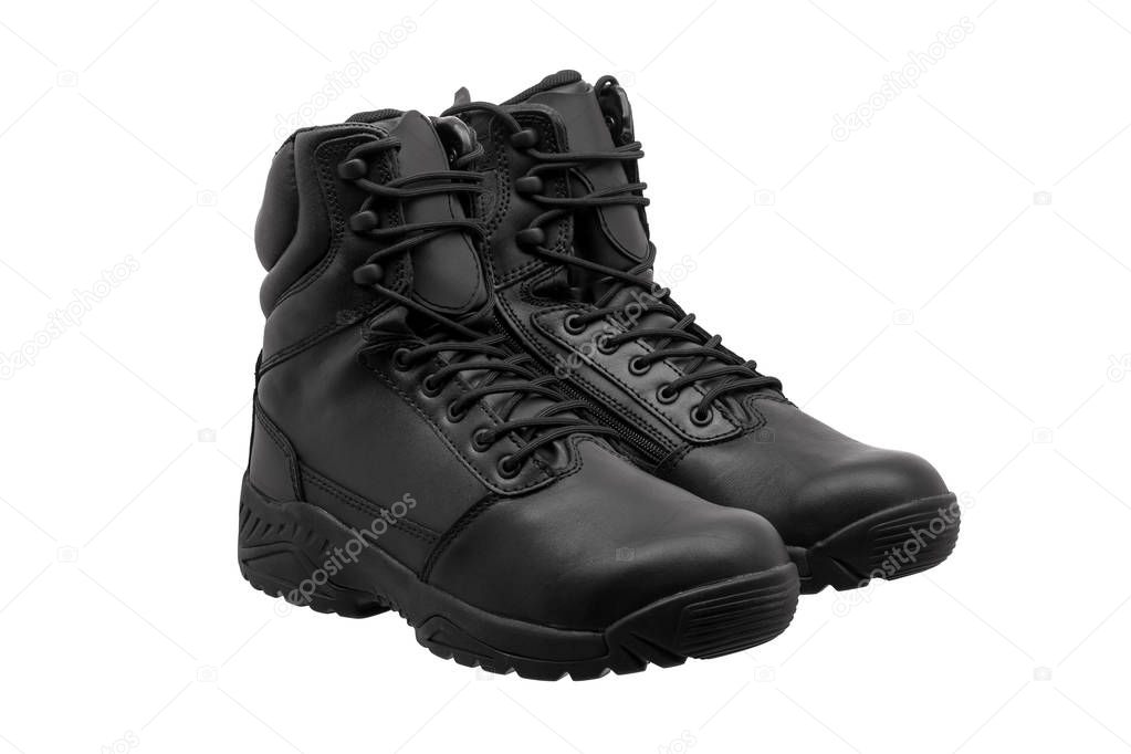 Black military leather boot isolated on white background