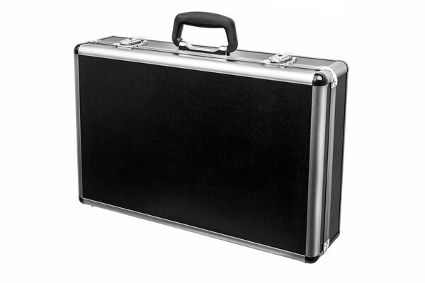 Black padded aluminum briefcase case with metal corners isolated on white background