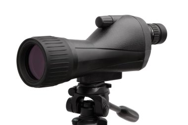 Beyaz arka plan üzerinde izole bir tripod üzerinde modern teleskop