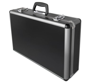 Beyaz arka plan üzerinde izole alüminyum kenarlara sahip siyah çantası