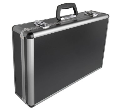 Beyaz arka plan üzerinde izole alüminyum kenarlara sahip siyah çantası