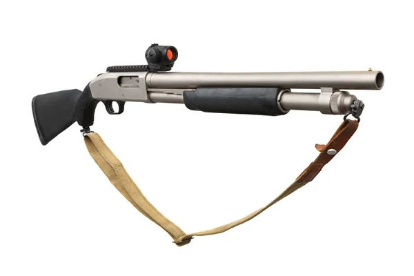 Nowoczesny Czarny Shotgun Srebrny Kolimatora Wzroku Białym Tle — Zdjęcie stockowe