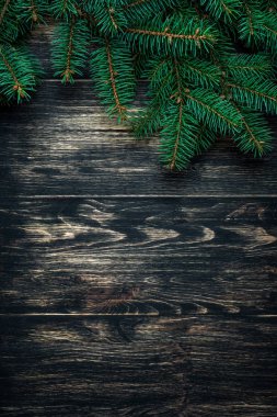 Karanlık bir vintage ahşap arka plan Ladin dallarda. Noel kavramı