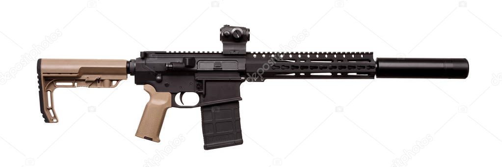 Modern rifle with an optical sight isolated on white background